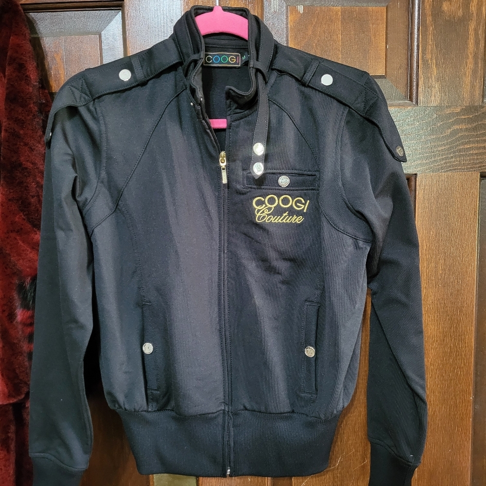 Vintage Coogi Couture Black Bomber Jacket with Gold Eagle Accents